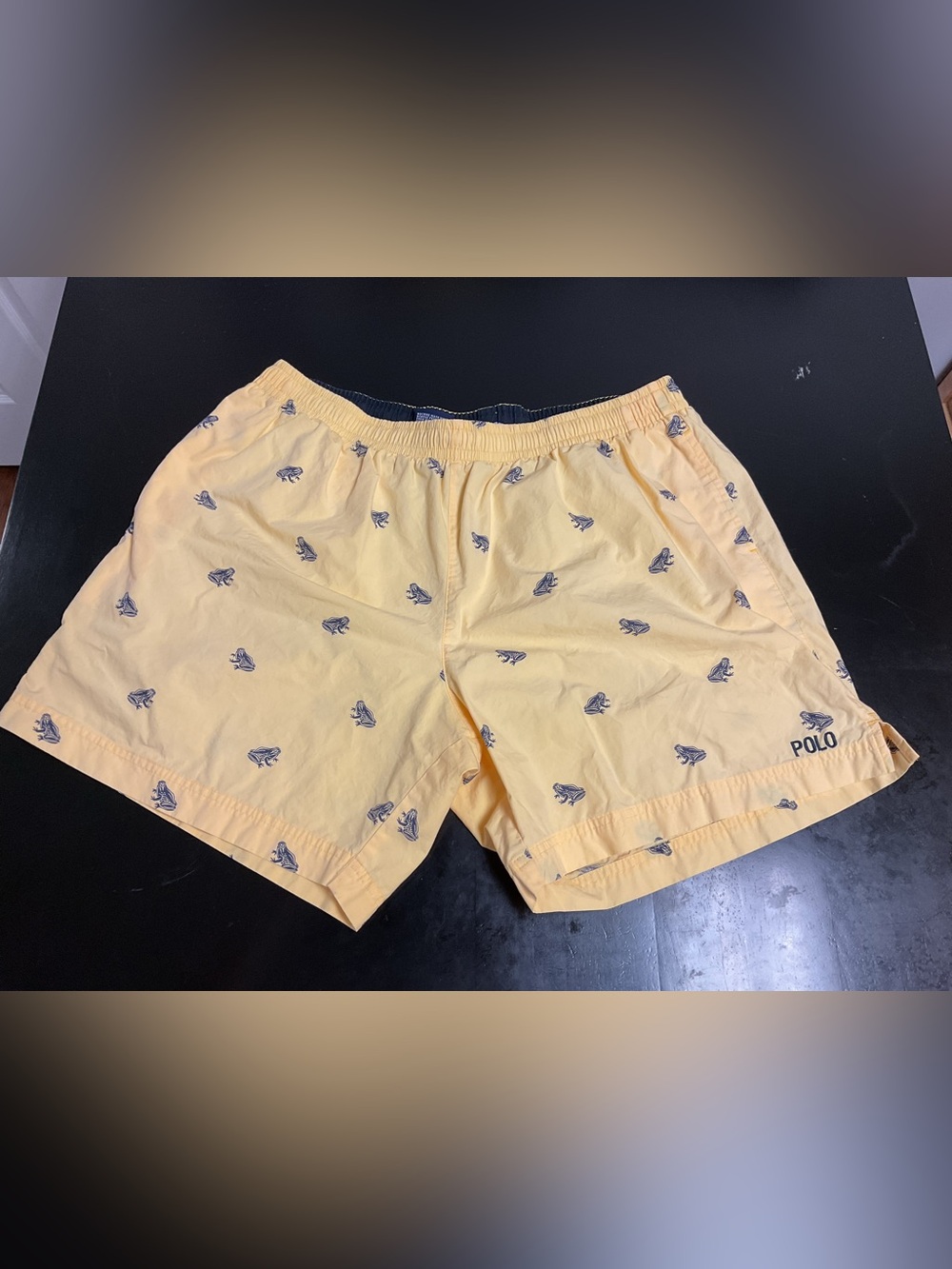 Vintage Polo Sport Swim Trunks, yellow with blue frogs